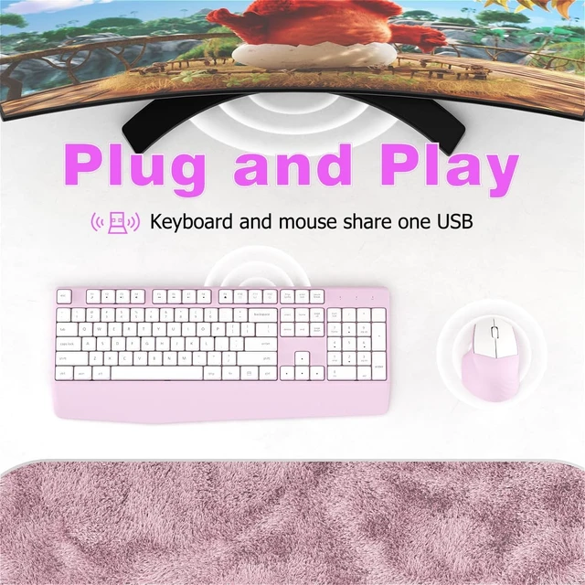 Alt view image 2 of 6 - Ergonomic Wireless Keyboard and Mouse Combo with Wrist Rest (Black Coffee) | COVEVA Full Size Keyboard with 12 Dedicated Shortcuts, Smart Auto-Sleep, 2.4GHz Receiver, Natural Typing for PC Laptop Pink