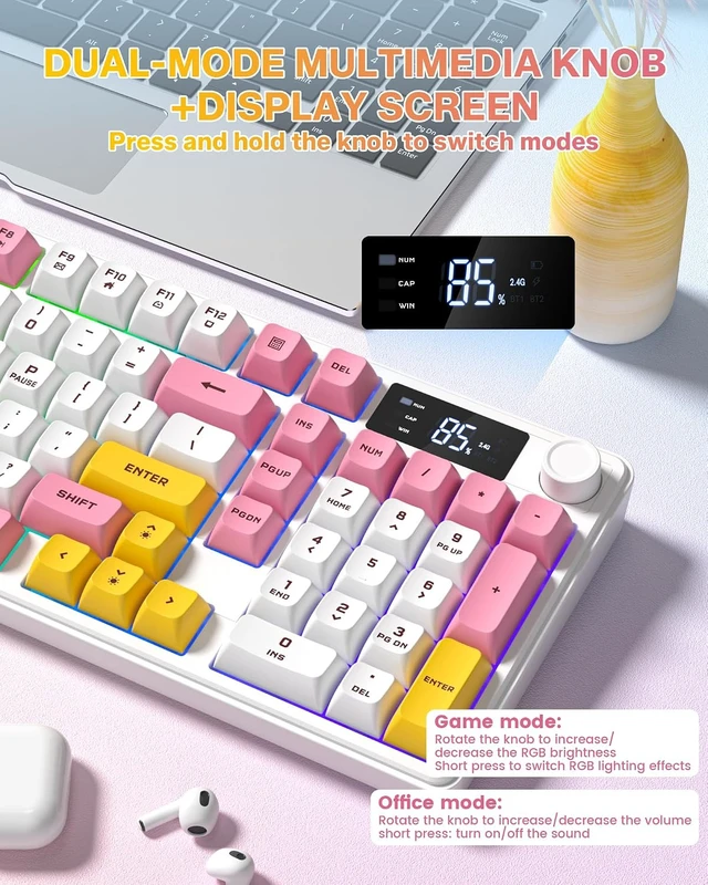Alt view image 6 of 7 - Gaming Keyboard Wireless Creamy Keyboard with Media Knob & Screen Cute Keyboard Mechanical Feeling Membrane Keyboard with Number Pad RGB Backlit Tri-Mode BT/2.4GHz/USB-C - Pink White