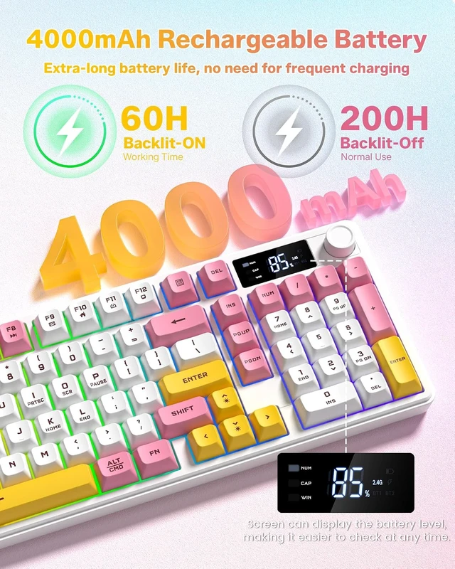 Alt view image 5 of 7 - Gaming Keyboard Wireless Creamy Keyboard with Media Knob & Screen Cute Keyboard Mechanical Feeling Membrane Keyboard with Number Pad RGB Backlit Tri-Mode BT/2.4GHz/USB-C - Pink White