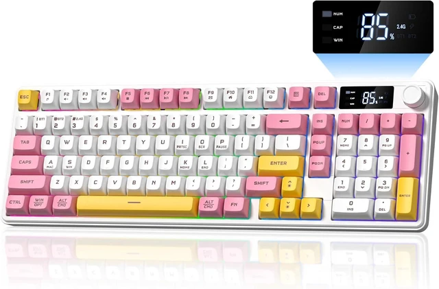 Main image of Gaming Keyboard Wireless Creamy Keyboard with Media Knob & Screen Cute Keyboard Mechanical Feeling Membrane Keyboard with Number Pad RGB Backlit Tri-Mode BT/2.4GHz/USB-C - Pink White