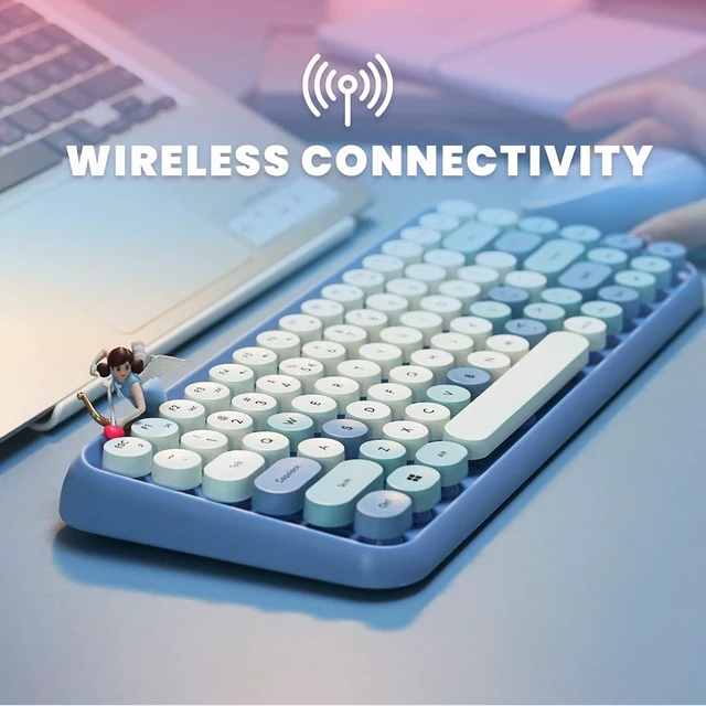 Alt view image 4 of 7 - PERIDUO-713 Wireless Mini Keyboard and Mouse Combo, Retro Round Key Caps, Pastel Pink, US English Layout Blue