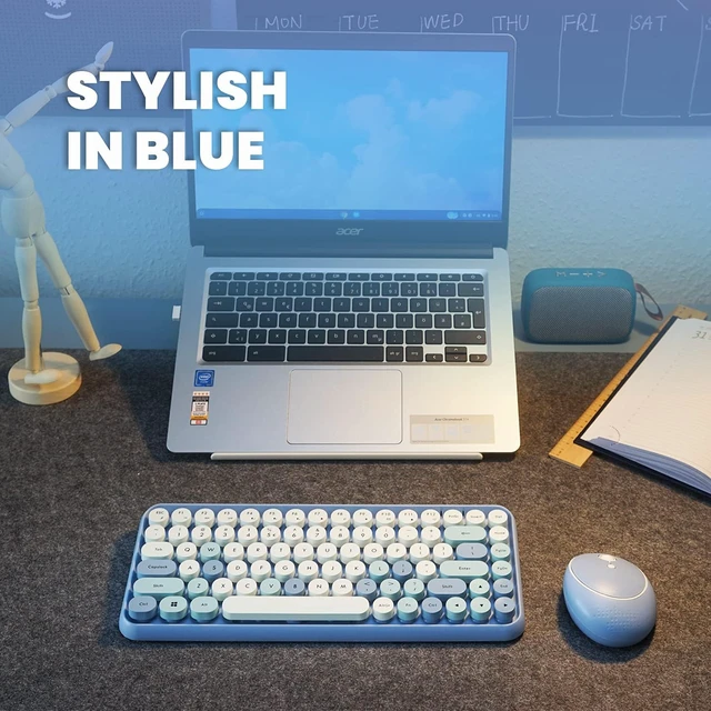 Alt view image 6 of 7 - PERIDUO-713 Wireless Mini Keyboard and Mouse Combo, Retro Round Key Caps, Pastel Pink, US English Layout Blue