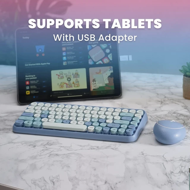Alt view image 5 of 7 - PERIDUO-713 Wireless Mini Keyboard and Mouse Combo, Retro Round Key Caps, Pastel Pink, US English Layout Blue
