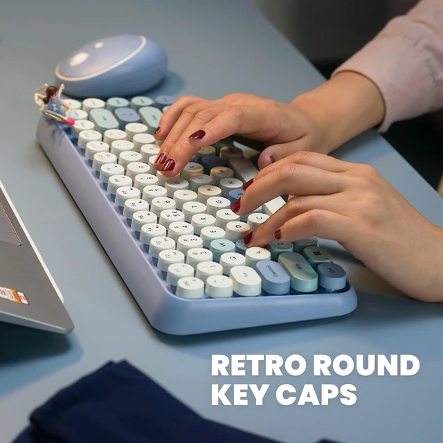 Alt view image 7 of 7 - PERIDUO-713 Wireless Mini Keyboard and Mouse Combo, Retro Round Key Caps, Pastel Pink, US English Layout Blue