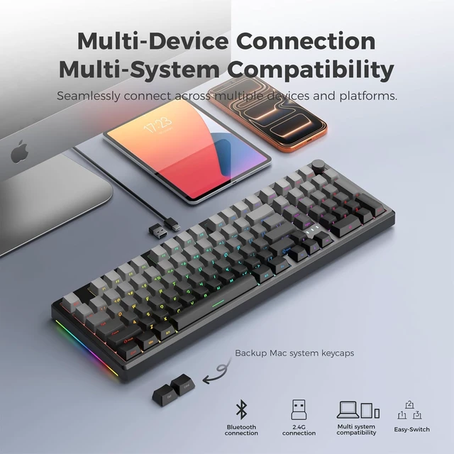 Alt view image 6 of 7 - LUMI101 Wireless Mechanical Keyboard,Full-size Keyboard With Numeric Keypad | Tri-Mode BT5.0/2.4GHz/USB-C Hot Swappable Custom Keyboard Black
