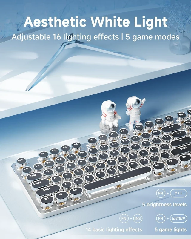 Alt view image 3 of 6 - Wireless Typewriter Style Mechanical Keyboard with White Backlit, White | Bluetooth/2.4G/Wired, Retro Punk Round Keycaps, Blue Switch, Full Size for Windows PC, Mac, Desktop, Laptop, EWEADN TK950
