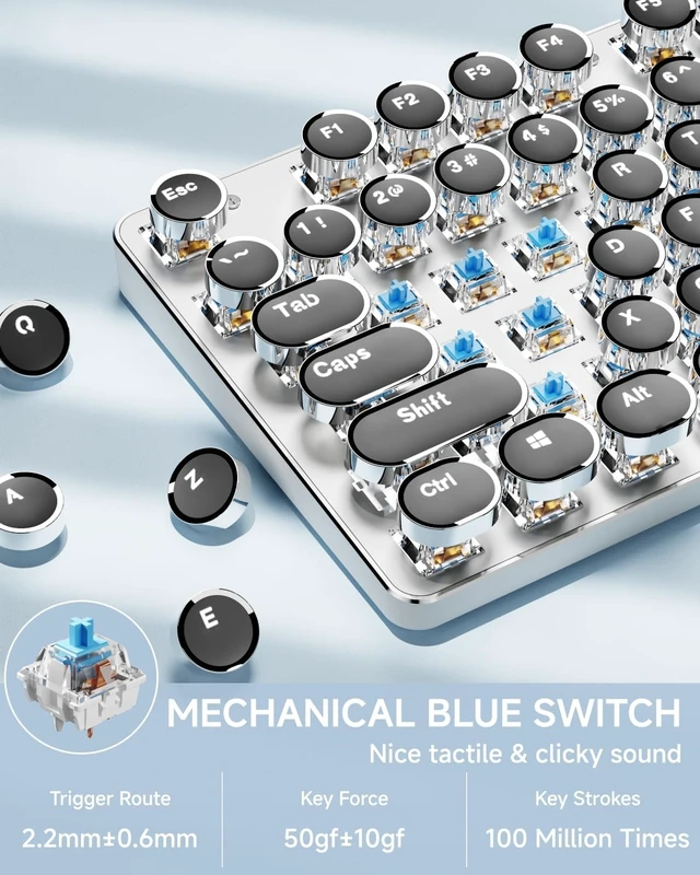 Alt view image 2 of 6 - Wireless Typewriter Style Mechanical Keyboard with White Backlit, White | Bluetooth/2.4G/Wired, Retro Punk Round Keycaps, Blue Switch, Full Size for Windows PC, Mac, Desktop, Laptop, EWEADN TK950