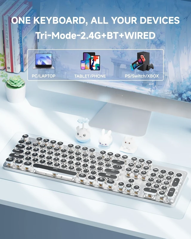 Alt view image 5 of 6 - Wireless Typewriter Style Mechanical Keyboard with White Backlit, White | Bluetooth/2.4G/Wired, Retro Punk Round Keycaps, Blue Switch, Full Size for Windows PC, Mac, Desktop, Laptop, EWEADN TK950