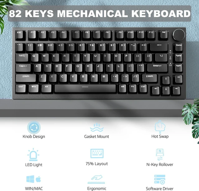 Alt view image 2 of 5 - Ajazz AK820 Mechanical Keyboard with CNC Knob Control,75% Gasket Mount Keyboard and Detachable USB Wired Gaming Keyboard for Win/Mac,Blue Light,NKRO,Blue Clicky Switch(White) Black Red Switch