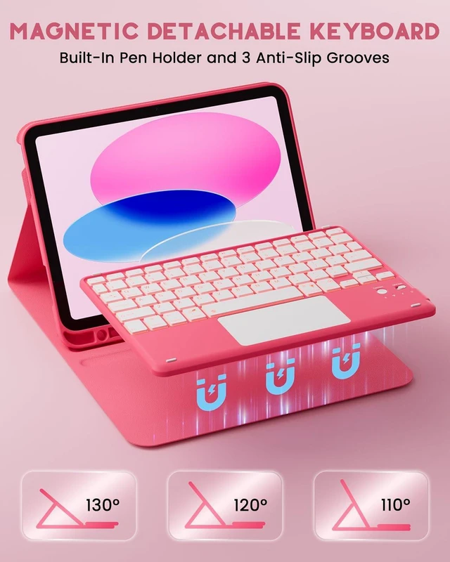Alt view image 2 of 5 - Case Keyboard for iPad A16 11th Generation & 10th Gen, 7-Color Backlit | 10.9-11 inch Multi-Touch Trackpad Keyboard Mouse, Stand Folio Cover, Detachable Magnetic Keyboard with Pencil Holder, Blue Red