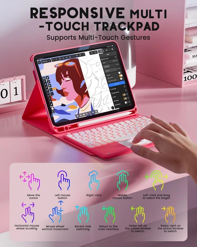 Alt view image 3 of 5 - Case Keyboard for iPad A16 11th Generation & 10th Gen, 7-Color Backlit | 10.9-11 inch Multi-Touch Trackpad Keyboard Mouse, Stand Folio Cover, Detachable Magnetic Keyboard with Pencil Holder, Blue Red