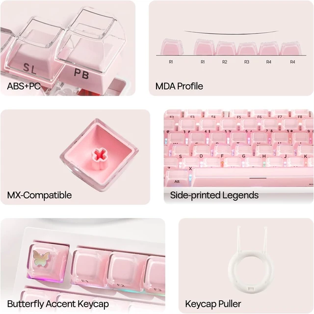 Alt view image 4 of 5 - Lusterfly Jelly Keycaps Set - 123 Keys Double-Shot Laser Engraved | MDA Profile, ABS+PC, Non-Shine-Through, MX-Compatible for 61/68/84/87/98/100/104-Key Mechanical Keyboard (Blue) Pink
