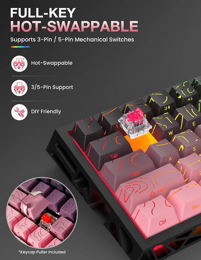Alt view image 3 of 5 - 60% Mechanical Keyboard with Hot-Swappable Switches, RGB Backlit, Hollow Skeleton Frame, Wired USB-C, Compact 61-Key Design for PC, Mac, Office, Gaming, Purple Gradient Pink