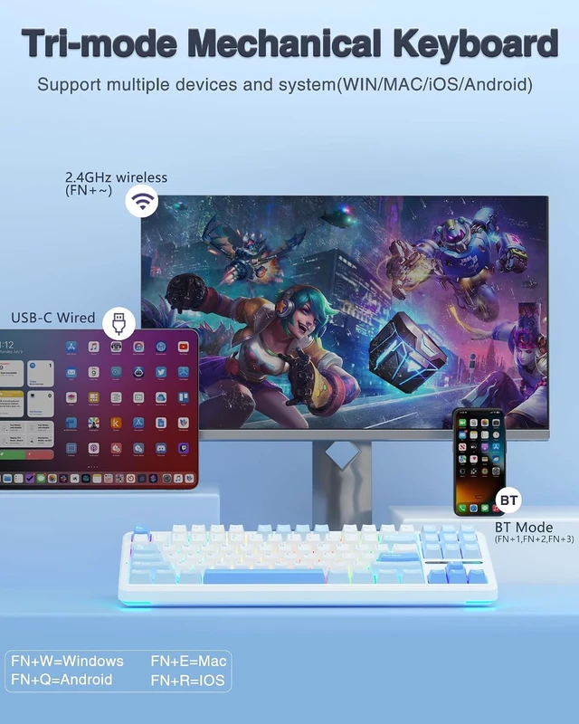 Alt view image 2 of 4 - F87 Wireless Mechanical Keyboard, TKL Gaming Keyboard 75%, 87 Keys | Custom Hot Swappable Gaming Keyboards with PBT Keycaps, Pre-lubed Switches, RGB Backlit Creamy Keyboard, 2.4GHz/USB-C/BT5.0