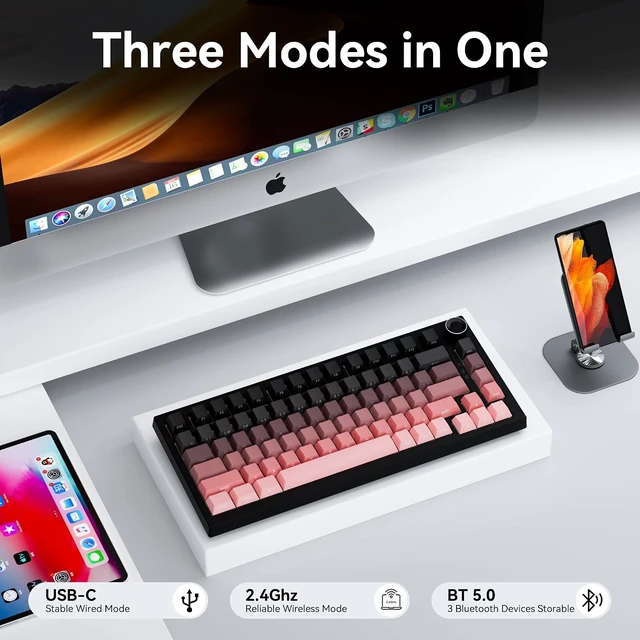 Alt view image 4 of 4 - Cream 75% Hot-Swappable Mechanical Keyboard, Tri-Mode BT5.1 2.4G USB-C Wireless Bluetooth Gaming Keyboard, RGB Backlit 8000mAh Battery, Gradient PBT Keycaps for Windows Mac Pink Black