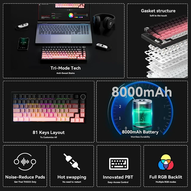 Alt view image 3 of 4 - Cream 75% Hot-Swappable Mechanical Keyboard, Tri-Mode BT5.1 2.4G USB-C Wireless Bluetooth Gaming Keyboard, RGB Backlit 8000mAh Battery, Gradient PBT Keycaps for Windows Mac Pink Black