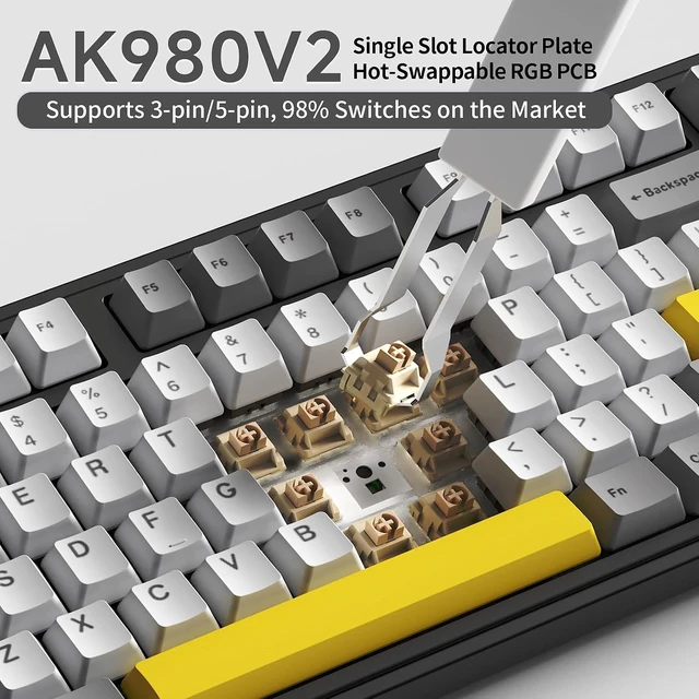 Alt view image 4 of 5 - ACODEX Ajazz AK980 V2 Blue White Wireless Mechanical Gaming Keyboard,Tri-Mode BT5.0/2.4GHz/USB-C, Hot Swappable RGB Backlit Computer Gaming Keyboards for PC/Tablet/PS/Xbox AK980 Grey Yellow