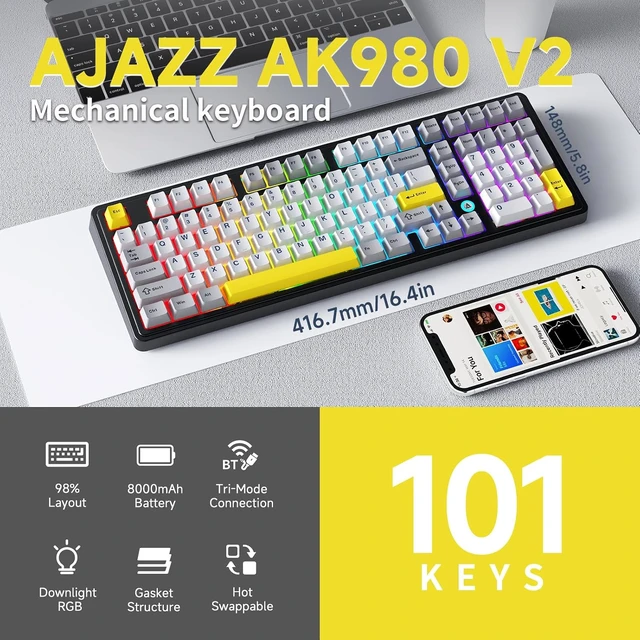 Alt view image 3 of 5 - ACODEX Ajazz AK980 V2 Blue White Wireless Mechanical Gaming Keyboard,Tri-Mode BT5.0/2.4GHz/USB-C, Hot Swappable RGB Backlit Computer Gaming Keyboards for PC/Tablet/PS/Xbox AK980 Grey Yellow
