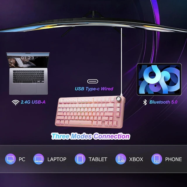 Alt view image 2 of 6 - F75 Wireless Mechanical Gaming Keyboard, Gradient Black, 75% TKL, Hot Swappable with Knob, Tri-Mode (2.4G/BT5.0/Wired), 21 RGB Backlit, Pre-lubed Creamy Linear Switches, Side Printed PBT Keycap pink