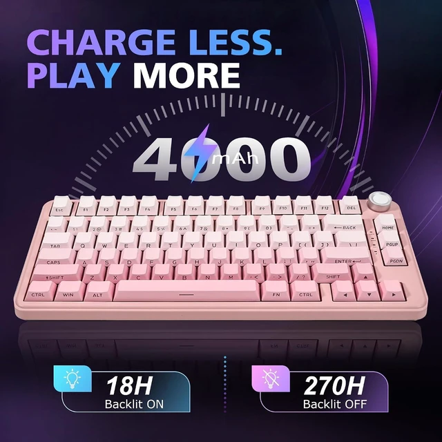 Alt view image 6 of 6 - F75 Wireless Mechanical Gaming Keyboard, Gradient Black, 75% TKL, Hot Swappable with Knob, Tri-Mode (2.4G/BT5.0/Wired), 21 RGB Backlit, Pre-lubed Creamy Linear Switches, Side Printed PBT Keycap pink