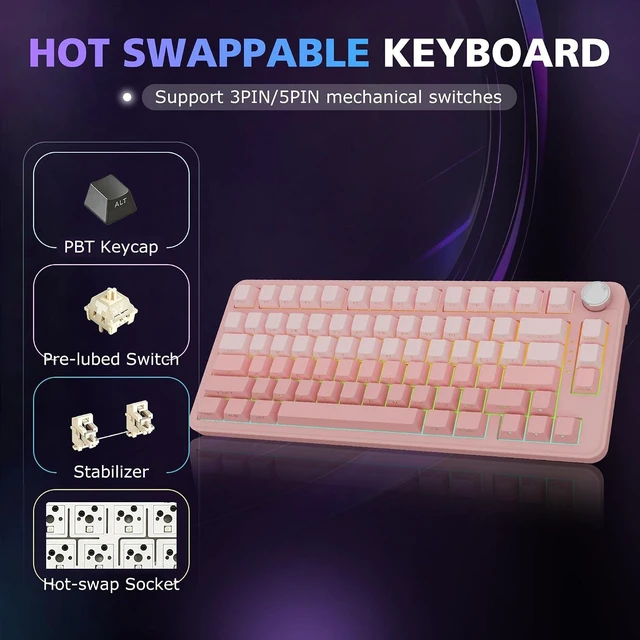 Alt view image 5 of 6 - F75 Wireless Mechanical Gaming Keyboard, Gradient Black, 75% TKL, Hot Swappable with Knob, Tri-Mode (2.4G/BT5.0/Wired), 21 RGB Backlit, Pre-lubed Creamy Linear Switches, Side Printed PBT Keycap pink