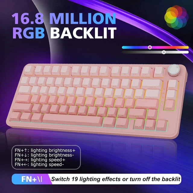 Alt view image 3 of 6 - F75 Wireless Mechanical Gaming Keyboard, Gradient Black, 75% TKL, Hot Swappable with Knob, Tri-Mode (2.4G/BT5.0/Wired), 21 RGB Backlit, Pre-lubed Creamy Linear Switches, Side Printed PBT Keycap pink