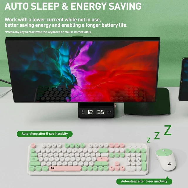 Green Wireless Keyboard and Mouse Combo,Full Size Colorful Retro Round ...