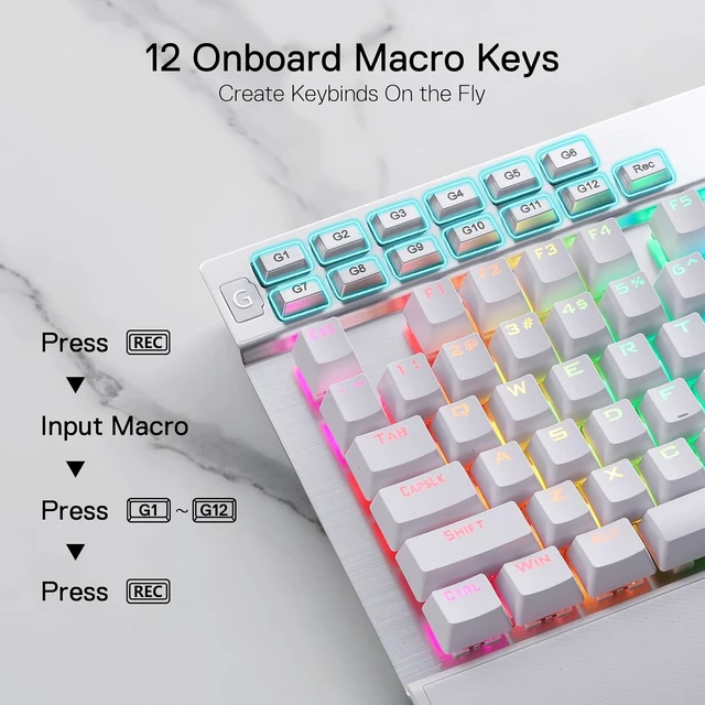 Alt view image 5 of 6 - K550 RGB Gaming Keyboard, 104 Keys + 12 Macro G Keys Wired Mechanical Keyboard w/Aluminum Top Plate, Custom Clicky Purple Switch, Extra USB Port & Wrist Rest White