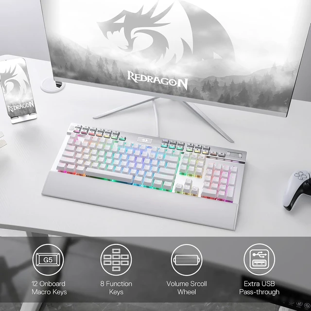Alt view image 3 of 6 - K550 RGB Gaming Keyboard, 104 Keys + 12 Macro G Keys Wired Mechanical Keyboard w/Aluminum Top Plate, Custom Clicky Purple Switch, Extra USB Port & Wrist Rest White