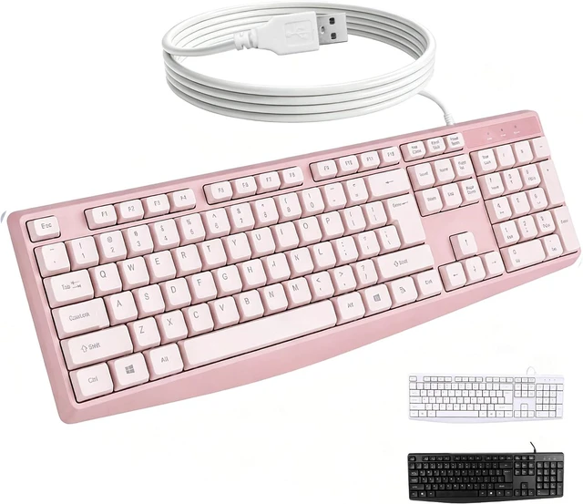 Main image of Silent Wired Keyboard USB School Office Home PC Black | 104 Key Wired Keyboard w/ Numpad, Ergonomic Lift Feet, 10M Keystrokes, USB Plug Play for Desktops Laptops k202-1-pink