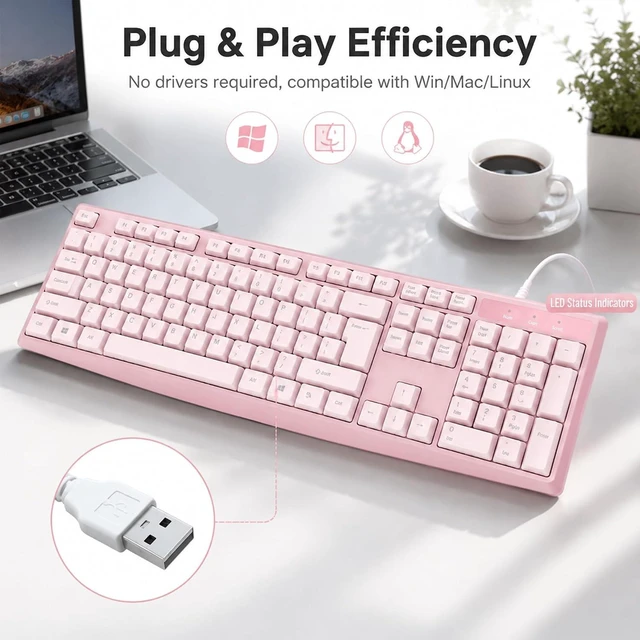 Alt view image 3 of 5 - Silent Wired Keyboard USB School Office Home PC Black | 104 Key Wired Keyboard w/ Numpad, Ergonomic Lift Feet, 10M Keystrokes, USB Plug Play for Desktops Laptops k202-1-pink