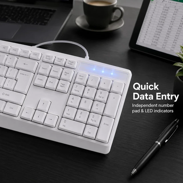 Alt view image 6 of 6 - Silent Wired Keyboard USB School Office Home PC Black | 104 Key Wired Keyboard w/ Numpad, Ergonomic Lift Feet, 10M Keystrokes, USB Plug Play for Desktops Laptops k202-1-white