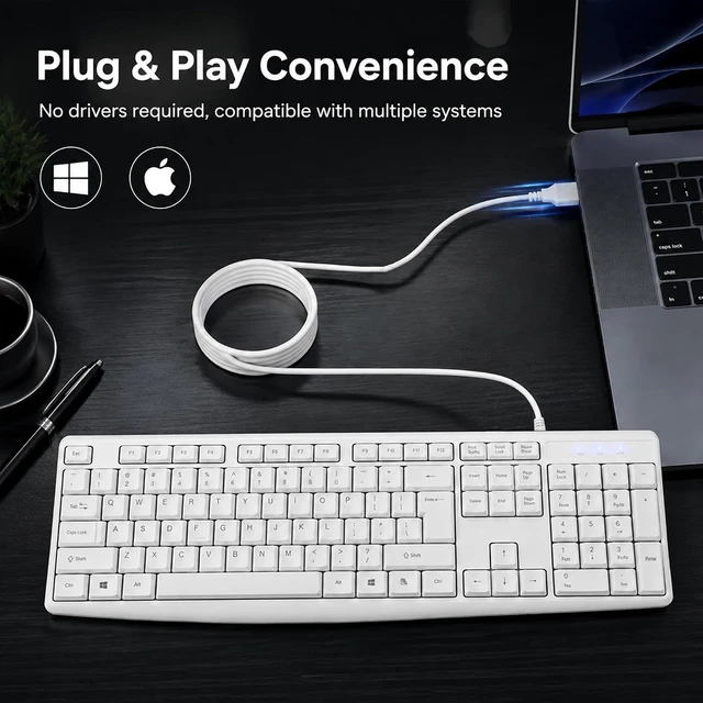Alt view image 2 of 6 - Silent Wired Keyboard USB School Office Home PC Black | 104 Key Wired Keyboard w/ Numpad, Ergonomic Lift Feet, 10M Keystrokes, USB Plug Play for Desktops Laptops k202-1-white