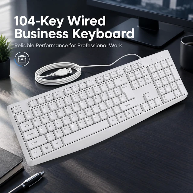 Alt view image 4 of 6 - Silent Wired Keyboard USB School Office Home PC Black | 104 Key Wired Keyboard w/ Numpad, Ergonomic Lift Feet, 10M Keystrokes, USB Plug Play for Desktops Laptops k202-1-white