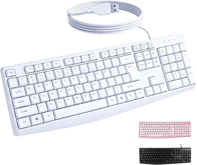 Main image of Silent Wired Keyboard USB School Office Home PC Black | 104 Key Wired Keyboard w/ Numpad, Ergonomic Lift Feet, 10M Keystrokes, USB Plug Play for Desktops Laptops k202-1-white