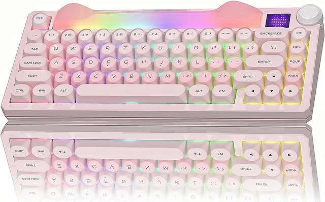 Main image of 75% Wireless Mechanical Keyboard with Color Multimedia Screen | Gaming Creamy Keyboard, Theme 3-Modes Hot Swappable Key board w/Wrist Rest,SK80 PRO Gasket RGB Custom for Mac/Win,Red Plum K80-Pink