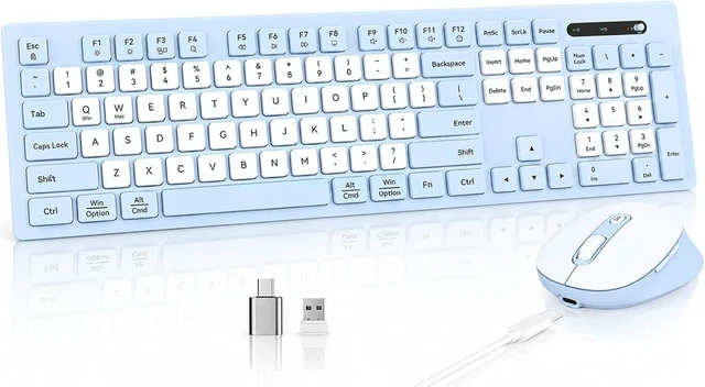 Main image of Rechargeable 2.4Ghz Wireless Keyboard and Mouse Combo - Pink | Full Size with Number Pad, 4-Level DPI Adjustable Silent Mouse, Ergonomic Stands, USB-A & USB-C Connectivity, for Windows/Mac Blue