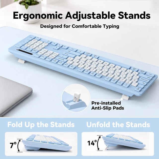 Alt view image 6 of 6 - Rechargeable 2.4Ghz Wireless Keyboard and Mouse Combo - Pink | Full Size with Number Pad, 4-Level DPI Adjustable Silent Mouse, Ergonomic Stands, USB-A & USB-C Connectivity, for Windows/Mac Blue