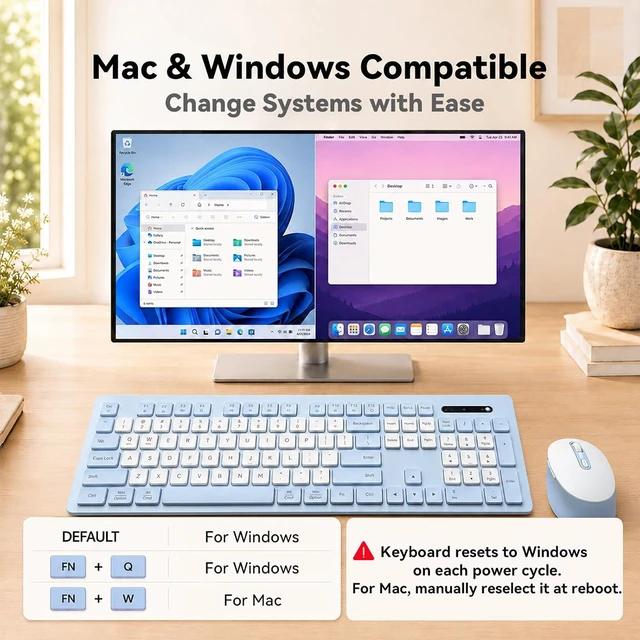 Alt view image 3 of 6 - Rechargeable 2.4Ghz Wireless Keyboard and Mouse Combo - Pink | Full Size with Number Pad, 4-Level DPI Adjustable Silent Mouse, Ergonomic Stands, USB-A & USB-C Connectivity, for Windows/Mac Blue