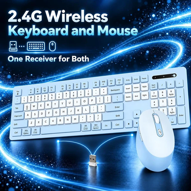 Alt view image 4 of 6 - Rechargeable 2.4Ghz Wireless Keyboard and Mouse Combo - Pink | Full Size with Number Pad, 4-Level DPI Adjustable Silent Mouse, Ergonomic Stands, USB-A & USB-C Connectivity, for Windows/Mac Blue
