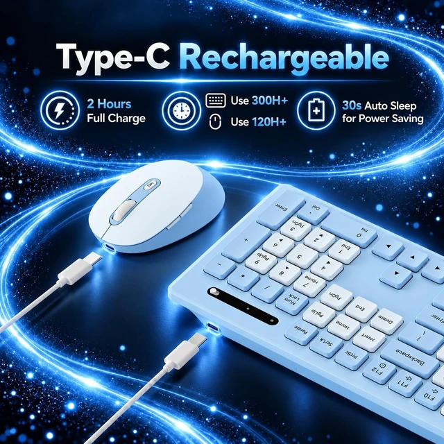 Alt view image 5 of 6 - Rechargeable 2.4Ghz Wireless Keyboard and Mouse Combo - Pink | Full Size with Number Pad, 4-Level DPI Adjustable Silent Mouse, Ergonomic Stands, USB-A & USB-C Connectivity, for Windows/Mac Blue