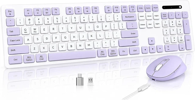 Main image of Rechargeable 2.4Ghz Wireless Keyboard and Mouse Combo - Pink | Full Size with Number Pad, 4-Level DPI Adjustable Silent Mouse, Ergonomic Stands, USB-A & USB-C Connectivity, for Windows/Mac Purple