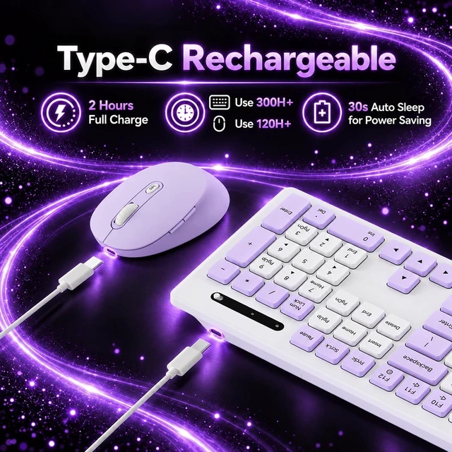 Alt view image 6 of 6 - Rechargeable 2.4Ghz Wireless Keyboard and Mouse Combo - Pink | Full Size with Number Pad, 4-Level DPI Adjustable Silent Mouse, Ergonomic Stands, USB-A & USB-C Connectivity, for Windows/Mac Purple