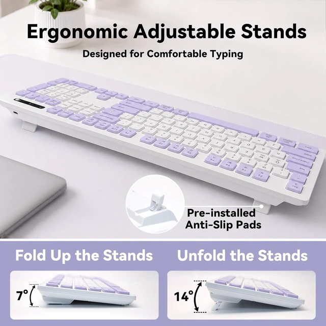 Alt view image 4 of 6 - Rechargeable 2.4Ghz Wireless Keyboard and Mouse Combo - Pink | Full Size with Number Pad, 4-Level DPI Adjustable Silent Mouse, Ergonomic Stands, USB-A & USB-C Connectivity, for Windows/Mac Purple