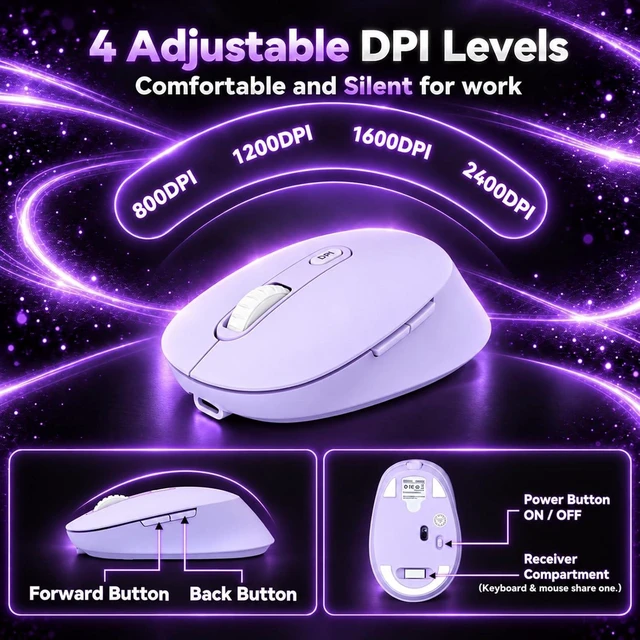 Alt view image 5 of 6 - Rechargeable 2.4Ghz Wireless Keyboard and Mouse Combo - Pink | Full Size with Number Pad, 4-Level DPI Adjustable Silent Mouse, Ergonomic Stands, USB-A & USB-C Connectivity, for Windows/Mac Purple