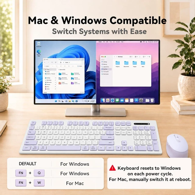 Alt view image 2 of 6 - Rechargeable 2.4Ghz Wireless Keyboard and Mouse Combo - Pink | Full Size with Number Pad, 4-Level DPI Adjustable Silent Mouse, Ergonomic Stands, USB-A & USB-C Connectivity, for Windows/Mac Purple