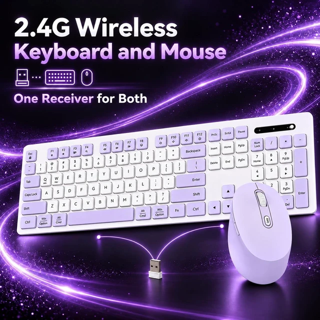 Alt view image 3 of 6 - Rechargeable 2.4Ghz Wireless Keyboard and Mouse Combo - Pink | Full Size with Number Pad, 4-Level DPI Adjustable Silent Mouse, Ergonomic Stands, USB-A & USB-C Connectivity, for Windows/Mac Purple