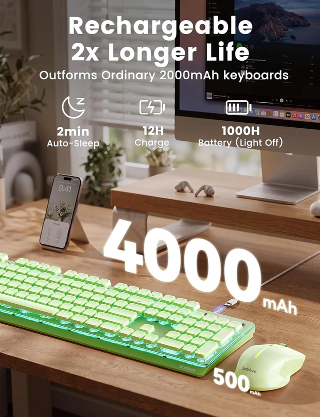 Alt view image 4 of 5 - Wireless Keyboard and Mouse Combo, RGB Backlit, Pudding Keycaps, KM41max | 10 Lighting Effects, 4000mAh Battery, Rechargeable, Never-Fade Keycaps, Metal Panel, 2.4GHz Wireless, USB-C Adapter