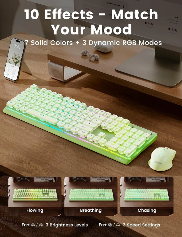 Alt view image 2 of 5 - Wireless Keyboard and Mouse Combo, RGB Backlit, Pudding Keycaps, KM41max | 10 Lighting Effects, 4000mAh Battery, Rechargeable, Never-Fade Keycaps, Metal Panel, 2.4GHz Wireless, USB-C Adapter