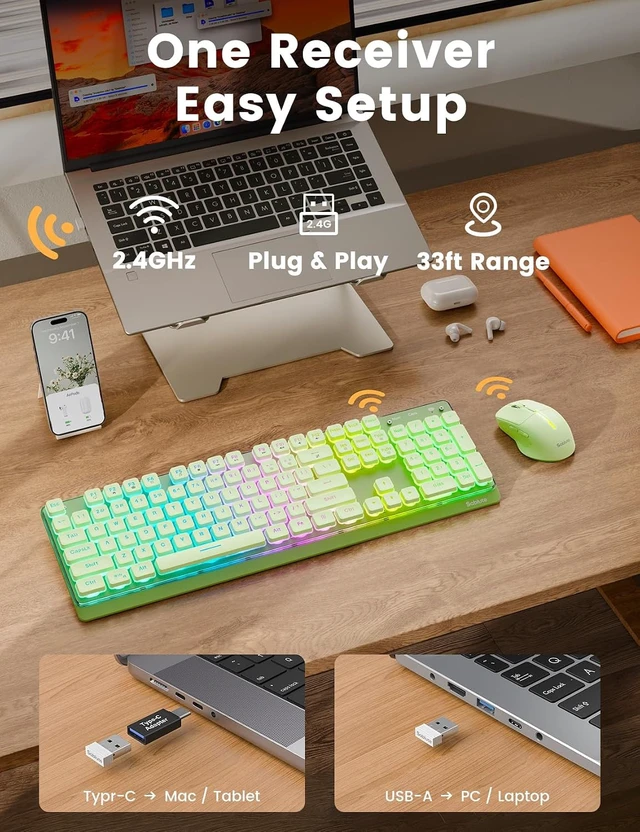 Alt view image 5 of 5 - Wireless Keyboard and Mouse Combo, RGB Backlit, Pudding Keycaps, KM41max | 10 Lighting Effects, 4000mAh Battery, Rechargeable, Never-Fade Keycaps, Metal Panel, 2.4GHz Wireless, USB-C Adapter